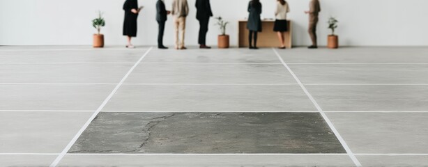 Obraz premium Businesspeople Waiting in Line at Reception Desk in Modern Office Lobby