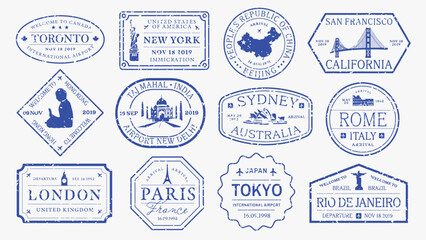 Collection of travel-themed stamps and labels. Travel stamps, travel labels, and travel tickets with various designs. Perfect for travel-themed projects. Black travel stamps, vector set. © Rawpixel.com