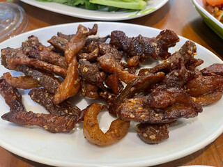 close up view of delicious asian food, beef fried