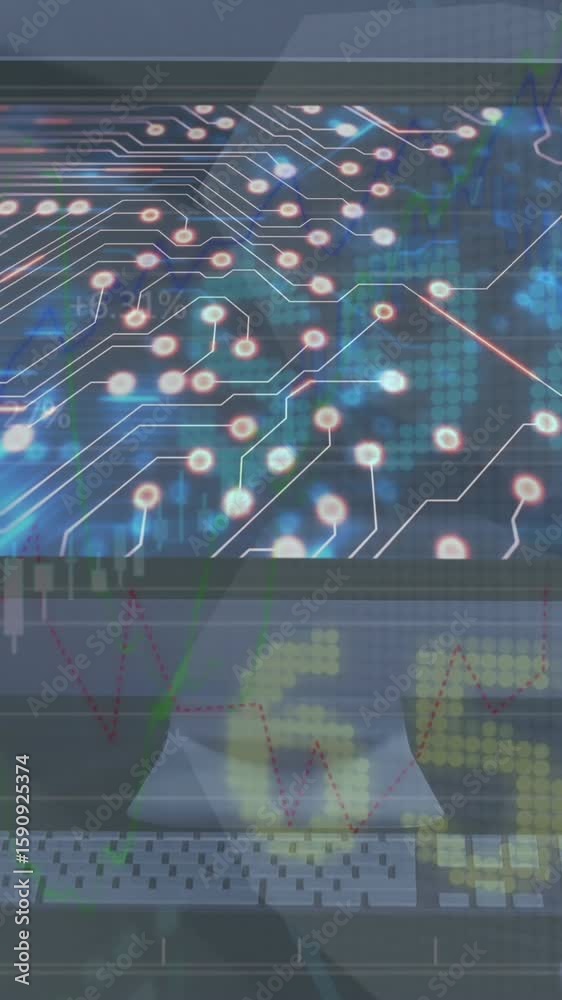 Poster animation of stock market data processing over microprocessor connections on computer screen