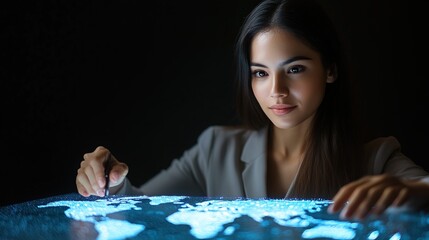 Young Woman Interacting with a Futuristic Touchscreen World Map