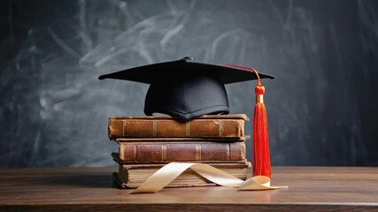 A graduation cap with a red tassel rests on stack of old books, glowing against a dark background, symbolizes the importance of graduation, academic achievement, and the journey of learning and growth