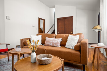 Fototapeta premium Close-Up Detail of Leather Couch in Modern Living Room