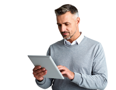 Engaged Mature Man, Digital Tablet Interaction, Focused Gaze, Studio Shot