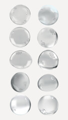 Set of transparent water droplets. Water droplets with reflections. Clear, round droplets. Water droplets isolated on white background. Soap bubble element vector set.