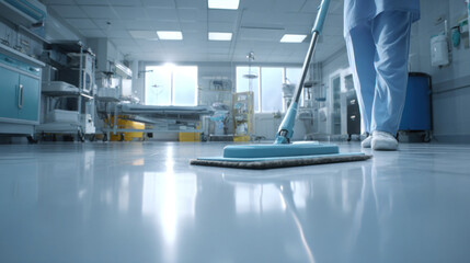 Close-up of mop gliding across smooth epoxy floor in hospital room, cleaner's lower body in frame, medical environment with sterile textures and neat equipment arrangement