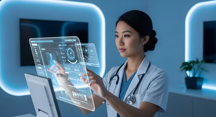 Futuristic Doctor Interacting with Medical Interface.