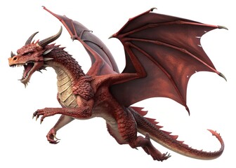 A red dragon with large wings flying on a white background with its mouth open showing teeth illustration