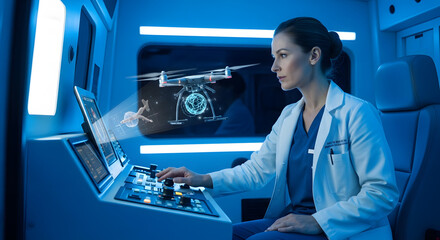 Futuristic Medical Drone Operation in Mobile Clinic.
