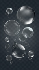 Set of transparent water droplets. Water droplets with reflections. Clear, round droplets. Water droplets isolated on white background. Soap bubble element vector set.