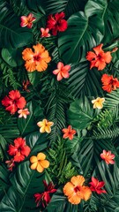 Vibrant tropical flowers and leaves