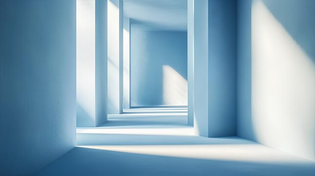 Blue Corridor of Light: Light streams through a series of rectangular windows in a long, minimalist corridor, creating a serene and contemplative atmosphere.