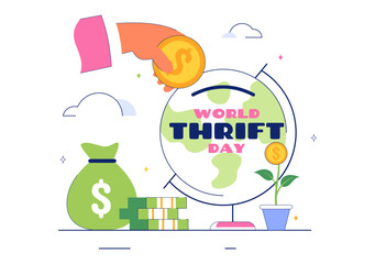 World Thrift Day Vector Illustration with a Piggy Bank and Coins, Representing Saving, Financial Literacy, and Economic Stability in a Background