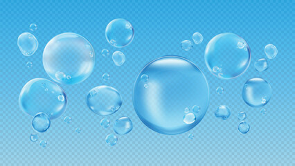 Set of transparent water droplets. Water droplets with reflections. Clear, round droplets. Water droplets isolated on white background. Soap bubble element vector set.
