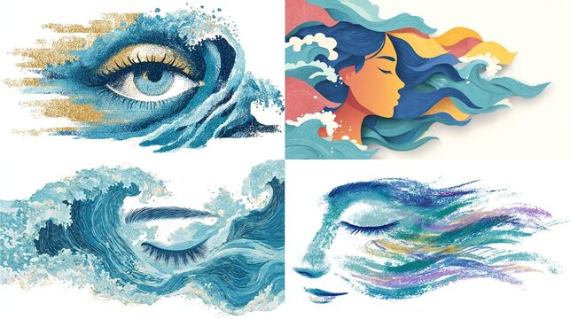 Four stylized artworks depicting oceanic themes; an eye, a woman's profile, crashing waves, and a serene face, all with water-like textures and color palettes