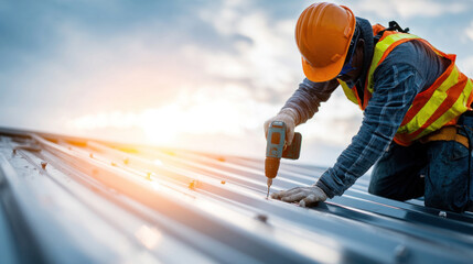 Construction worker wearing safety gear installing metal sheet roof under bright sunlight, focused on electric drill tool, detailed roofing structure, modern construction site