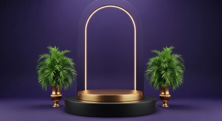 Elegant stage with plants neon arch on purple