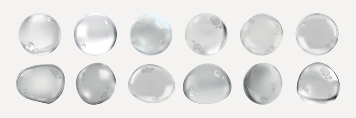 Set of transparent water droplets. Water droplets with reflections. Clear, round droplets. Water droplets isolated on white background. Soap bubble element vector set.
