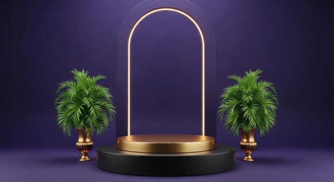 Elegant stage with plants neon arch on purple - Powered by Adobe