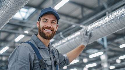 Happy HVAC expert in uniform installing air conditioning ducts on metal ceiling frame, spacious warehouse interior with exposed beams and skylights in background