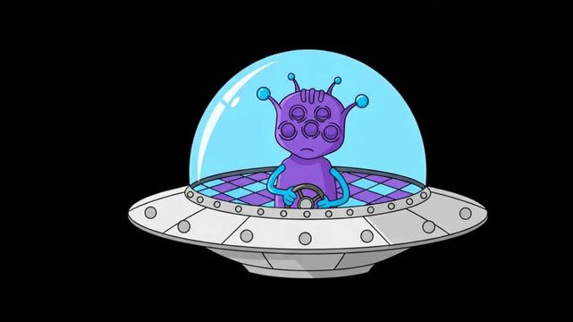 A cartoon alien piloting a flying saucer spaceship against a black background