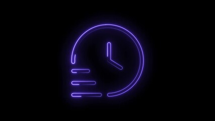 Glowing neon purple clock icon with abstract lines on black background futuristic symbol representing time - Powered by Adobe