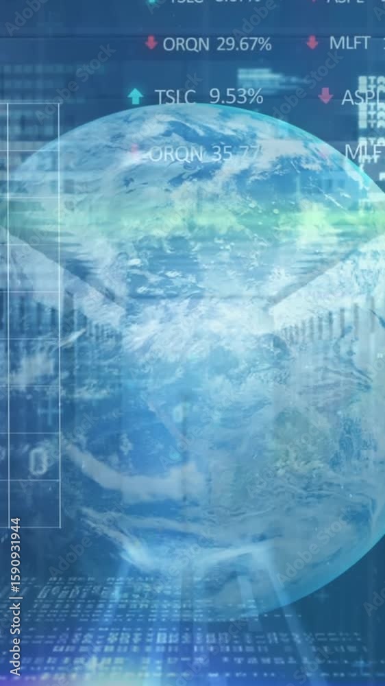 Poster animation of graphs, trading boards, binary codes, computer language and globe over server room