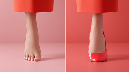 comparison of a woman's foot with painted toenails and in a shoe