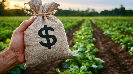 A hand grasping a money bag in a verdant farm field.