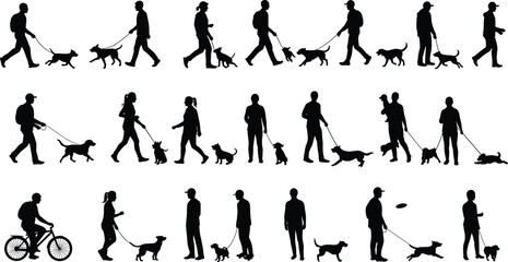 Silhouettes of people walking dogs, playing, cycling, enjoying outdoor activities,, pet companionship, exercise, lifestyle