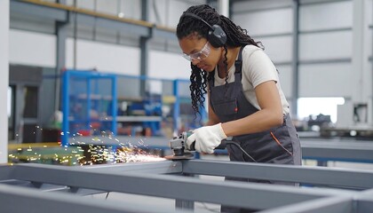 Fototapeta premium Female worker grinding metal in factory.