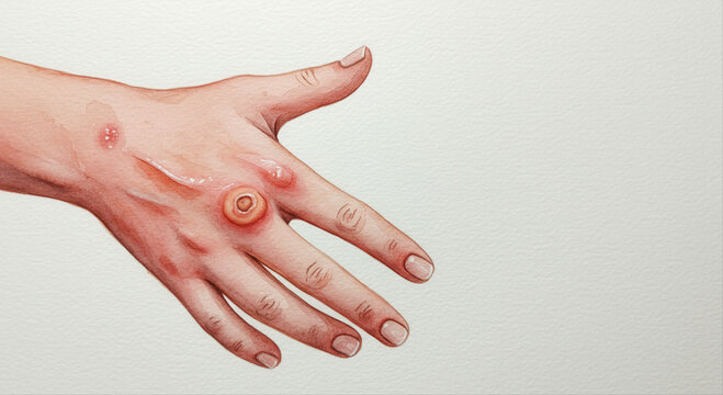 burned hand with blister. Human hand with skin lesions and scabs on a light background  