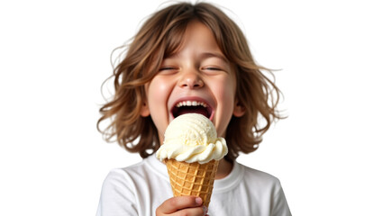 Joyful child savoring a creamy vanilla ice cream cone, isolated against a transparent backdrop
