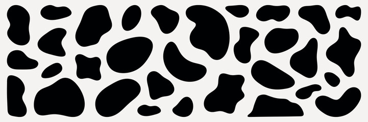 Abstract black shapes on a gray background. Organic shapes, varied forms, and unique patterns. Repeated abstract shapes create a modern, artistic look. Black shape vector set.