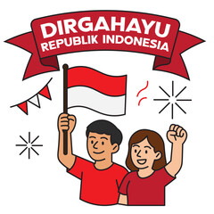 Illustration of Indonesian Independence Day celebration. Two people holding flag and raising fist under "Dirgahayu Republik Indonesia" banner. Perfect for national day, patriotism, or unity themes.
