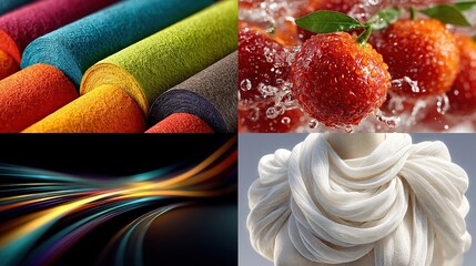 A vibrant collage showcasing colorful fabric rolls, juicy strawberries submerged in water, dynamic light streaks, and a sculpted creamy textile
