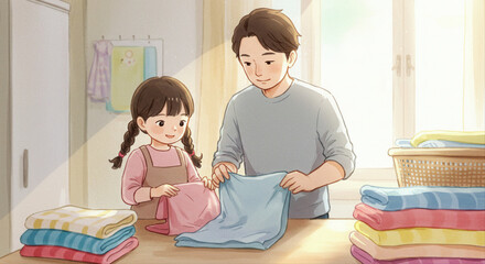 Father and daughter folding laundry together in brightly lit room. child folding laundry with parent  