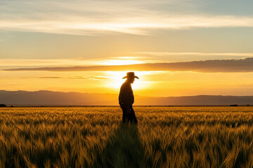 Man Silhouette in Sunset Wheat Field Landscape