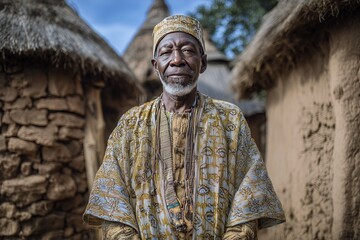 Person in Traditional Attire Standing Between Mud Huts in Rural Village