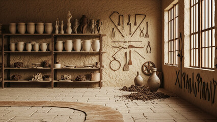 Pottery Studio with Tools and Clay Workshop Setup