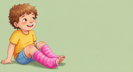 child sitting with leg cast. Young boy sitting with pink cast on legs and smiling indoors  
