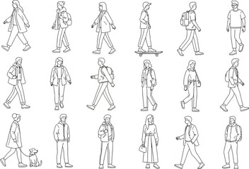Fototapeta premium Line Art Illustration of People Walking Standing and Skateboarding on White Background