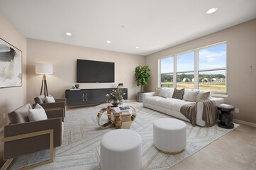 Virtually Staged Living Room with Modern Furniture and Decor