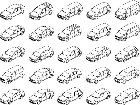 Isometric Car Line Art Seamless Pattern on White Background for Design