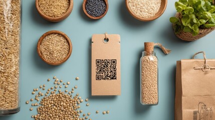 Various grains and seeds arranged on a light blue surface.