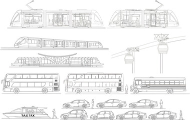 Obraz premium Outline Illustration of Various Transportation Vehicles Including Trains Buses Cars and Boats