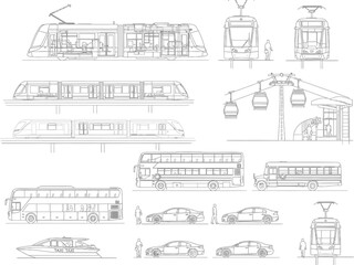 Fototapeta premium City Transportation Line Art Collection Buses Trains Cars and Cable Cars