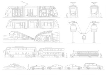 Obraz premium Public Transportation and Vehicles Line Art Illustration with Scale Figures and Buildings