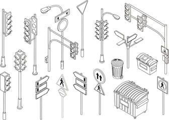 Isometric City Elements Outline Set Including Traffic Lights and Street Signs