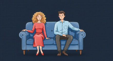 Couple sitting apart on a blue sofa with neutral expressions indoors  